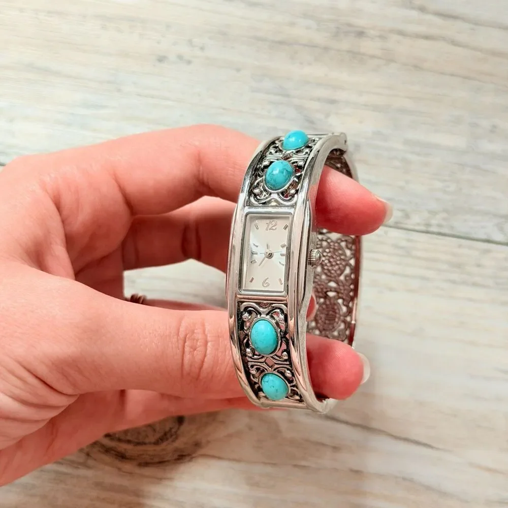 Southwestern Turquoise Silver Tone Cuff Bracelet Watch Western Boho Cowgirl